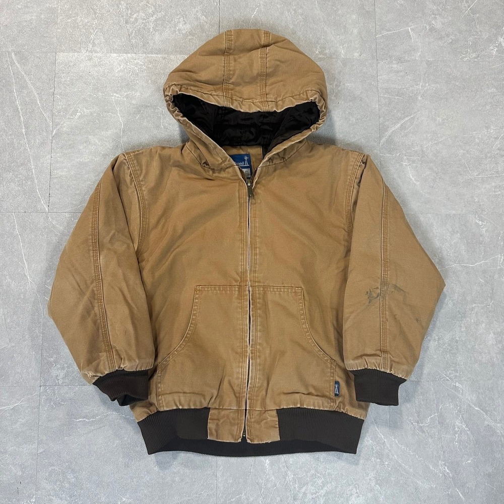 RK Brand Kids Tan Brown Canvas Hooded Work Jacket Size M Bomber Coat